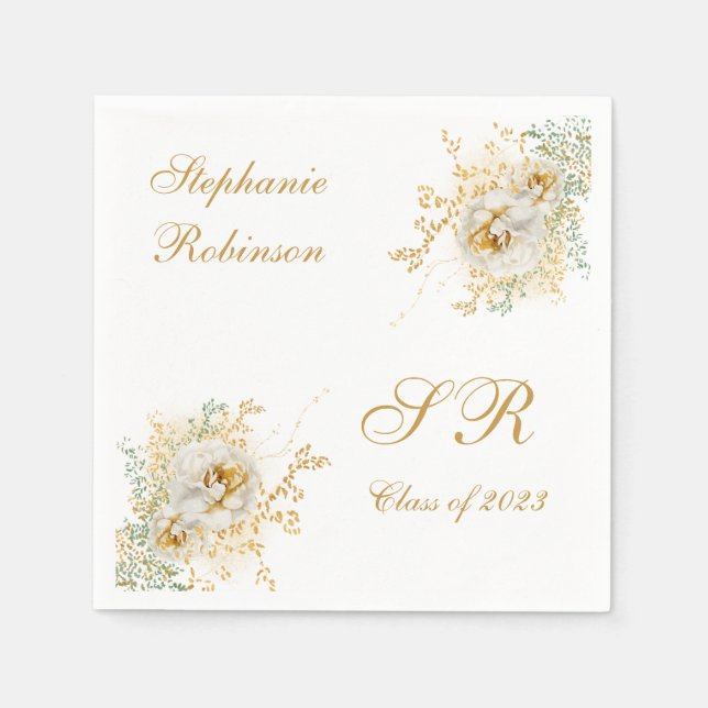Guld Blommig Monogram Examen  Pappersservett (Framsidan)