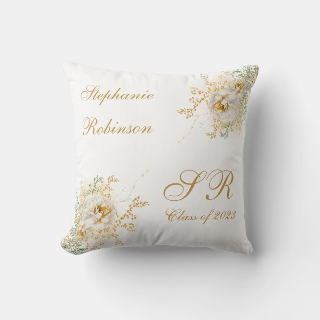 Guld Blommig Monogram Examenpresent  Kudde (Framsida)