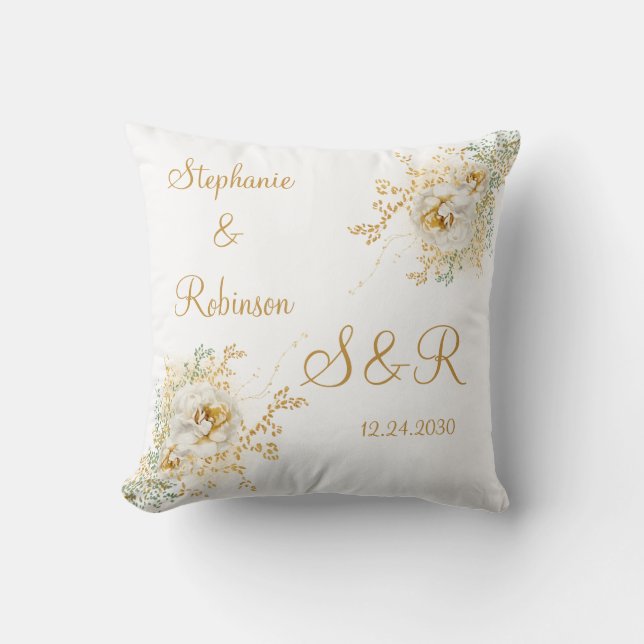 Guld Blommig Monogram Logotyp Bröllops Kudd Kudde (Framsida)