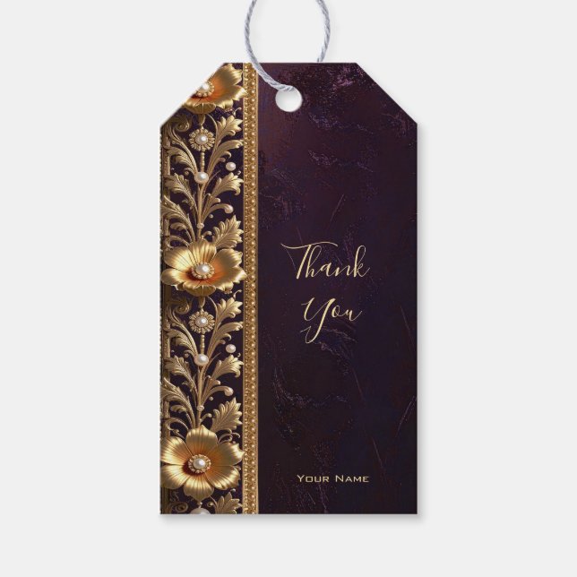 Guld Blommig Ornament med Pärlor Presentkort Presentetikett (Framsidan)