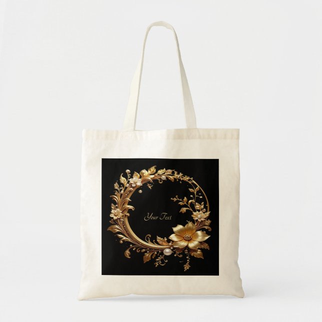 Guld Blommig Ornamenterad Ram Totebag Tygkasse (Framsidan)