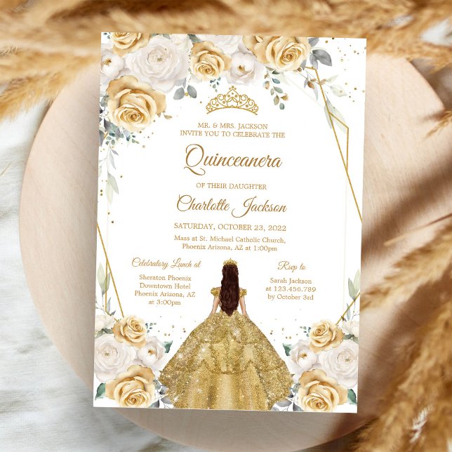 Guld Blommig Quinceanera Inbjudan (Skapare uppladdad)