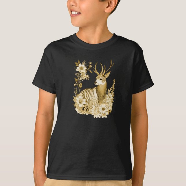Guld Blommig Ren Jul T Shirt (Framsida)