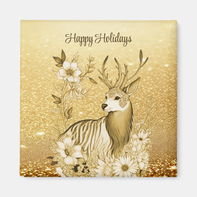 Guld Blommig Ren Julmagnet Magnet (Framsidan)