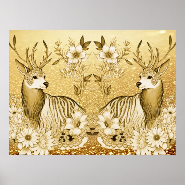 Guld Blommig Ren Julplakat Poster (Framsidan)