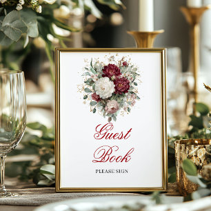 Guld Blommig Rodnad Burgunder Gästbok 8x10 Skylt