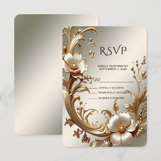 Guld Blommig RSVP-kort OSA Kort (Fram/baksida)