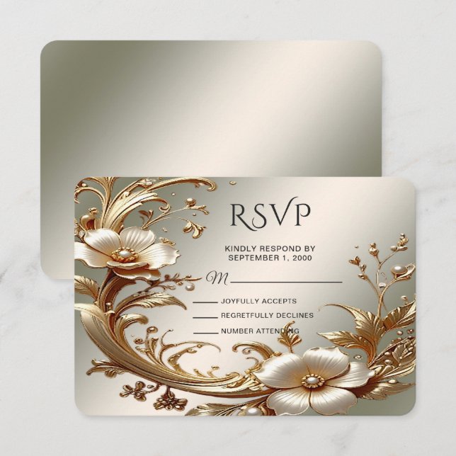 Guld Blommig RSVP-kort OSA Kort (Fram/baksida)