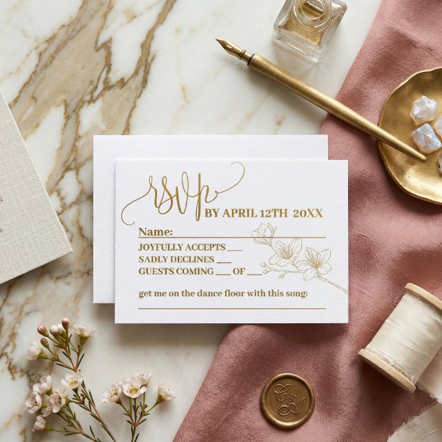 Guld Blommig Skrift Whimsical Bröllop RSVP | Elega OSA Kort (Gold Floral Script Whimsical Wedding RSVP | Elegant Bloom Reply Card)