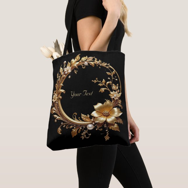 Guld Blommig Utbroderad Ram Totebag Tygkasse (Närbild)