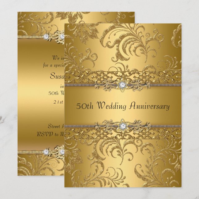 Guld Blommig Virvel 50-års Bröllopsdag Inbjudan (Fram/baksida)
