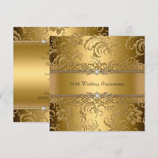Guld Blommig Virvel 50-års Bröllopsjubileum Inbjud Inbjudningar (Fram/baksida)