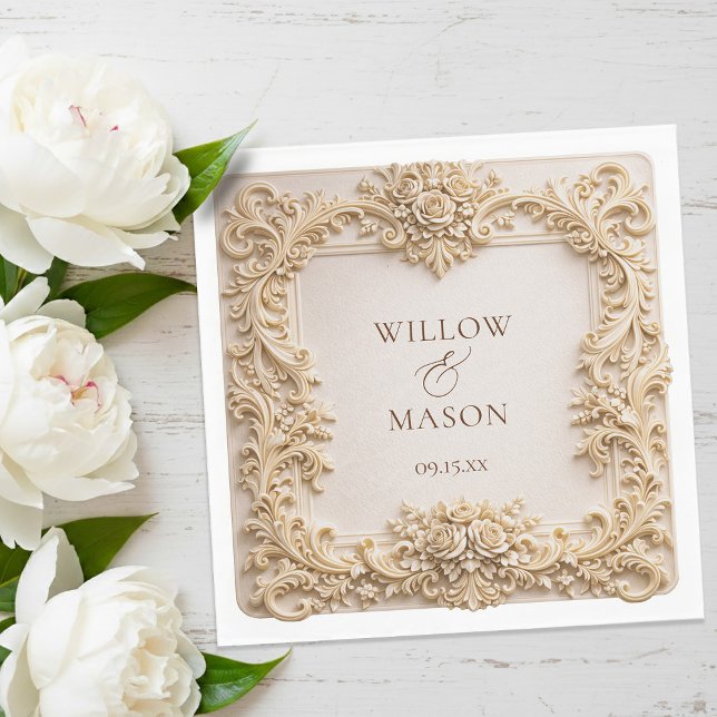 Guld Blommiga Pappers Bröllops Servetter (Gold Floral Frame Paper Wedding Napkins)