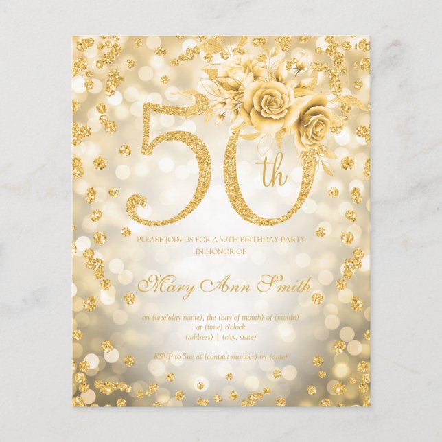 Guld Blommigt 50:e födelsedag Ljus inbjudan Flygblad (Framsidan)