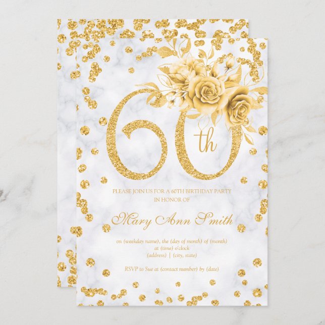 Guld Blommigt 60:e födelsedag Silver Glam Ljus Inbjudningar (Fram/baksida)