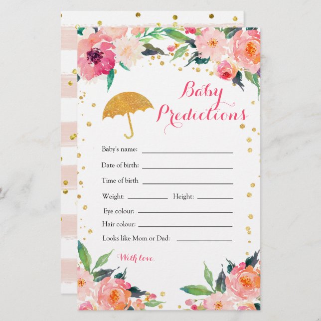 Guld Blommigt April Showers Baby Predictions Games (Fram/baksida)