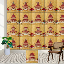 Guld Blommigt Asian Temple Chinoiserie Pagoda Tile Kakelplatta