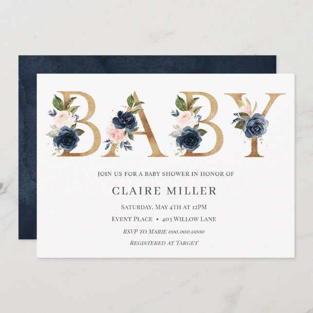 Guld Blommigt BABY-duschinbjudan Inbjudningar (Fram/baksida)