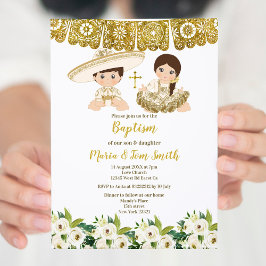 Guld Blommigt Baptism Fiesta Twin-inbjudan Inbjudningar