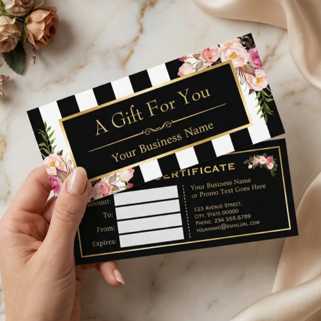 Guld Blommigt Black White Rand Gift Certificate (Skapare uppladdad)