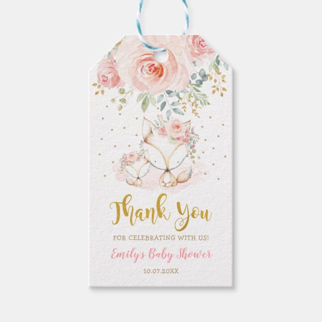  Guld Blommigt Boho Fox Baby Shower Tack Presentetikett (Framsidan)