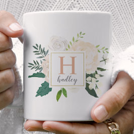 Guld Blommigt Bouquet Anpassningsbar Monogram Kaffemugg