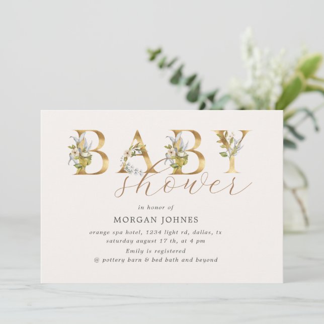 guld blommigt brev-babyduschinbjudan till babydusc (Stående Fram)