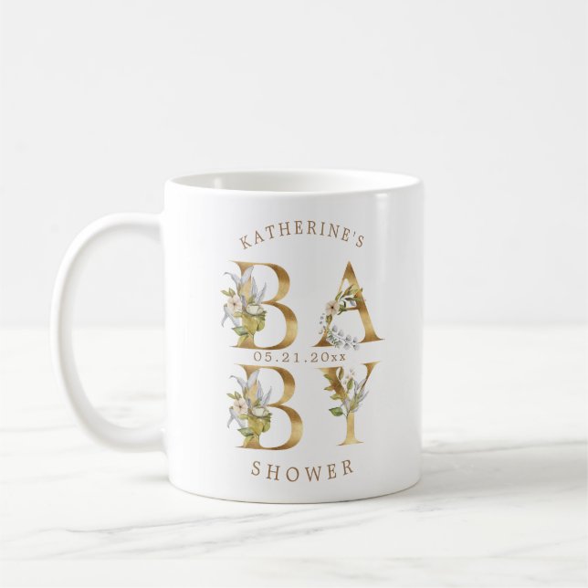 guld blommigt brev babyduschmonogram för barn kaffemugg (Vänster)