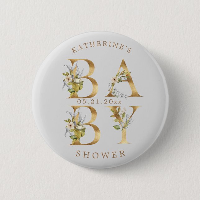 guld blommigt brev babyduschmonogram för barn knapp (Framsida)