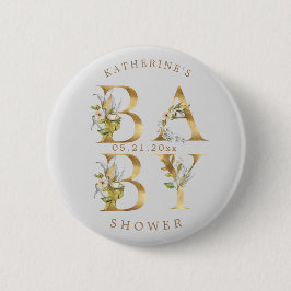 guld blommigt brev babyduschmonogram för barn knapp