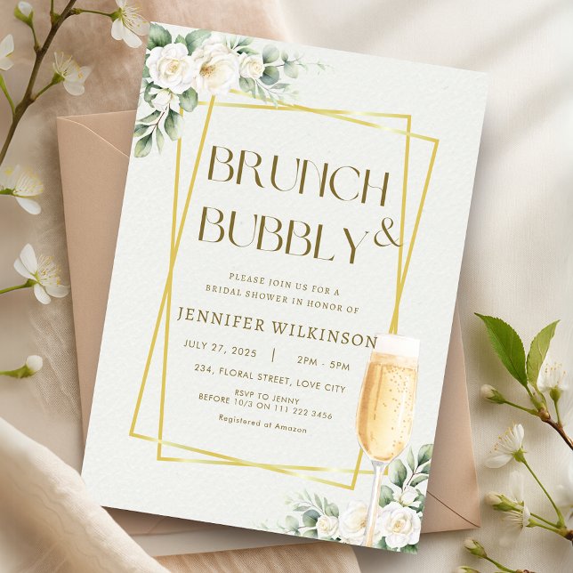 Guld Blommigt Brunch & Bubly Möhippa Inbjudningar (Gold Floral Brunch Bubbly Bridal Shower Invitation)