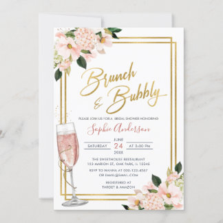 Guld Blommigt Brunch och Bubly Möhippa Inbjudningar