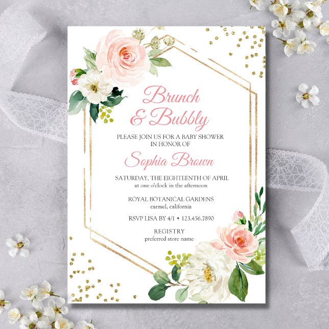  Guld Blommigt Brunch och Bubly Möhippa Inbjudningar (Pink Floral Brunch and Bubbly Invitation)