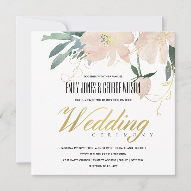  GULD BLOMMIGT BUNCH WATERCOLOR BRÖLLOP INBJUDNINGAR (Framsida)