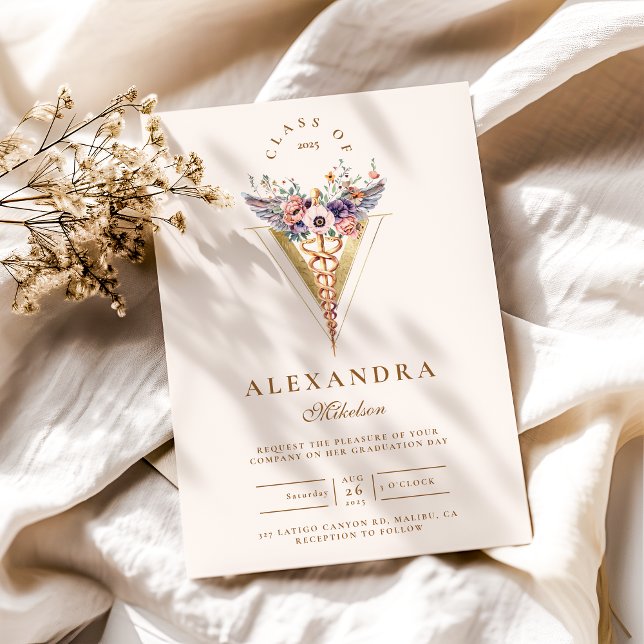 Guld Blommigt Caduceus Medical Vet Studenten Inbjudningar (Skapare uppladdad)