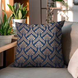 Guld Blommigt Damask på Mörk blått Kudde