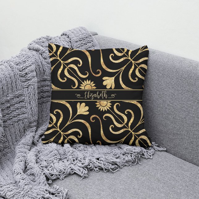 Guld Blommigt Damask Solrosklassy Black Folk Art Kudde (Skapare uppladdad)
