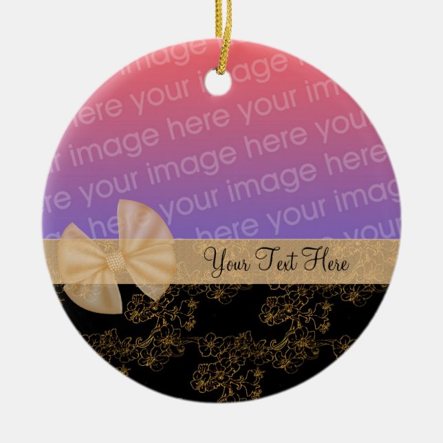 Guld Blommigt Design Ribbon Photo Ornament (Framsidan)