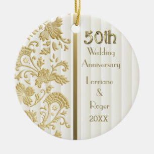 Guld Blommigt Elegance 50 Bröllop-årsdagen Julgransprydnad Keramik