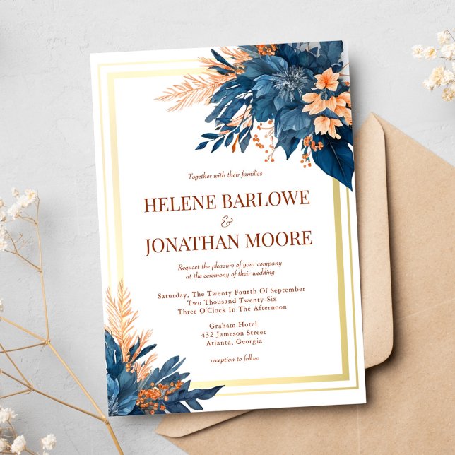 Guld, Blommigt Elegant bröllop Inbjudningar (Navy Blue Terracotta Gold Floral Elegant Wedding Invitation)