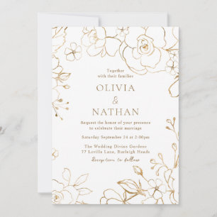 Guld Blommigt Elegant Vita Bröllop Inbjudningar