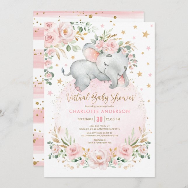  Guld Blommigt Elephant Virtuell Baby Shower Inbjudningar (Fram/baksida)
