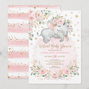 Guld Blommigt Elephant Virtuell Baby Shower Inbjudningar