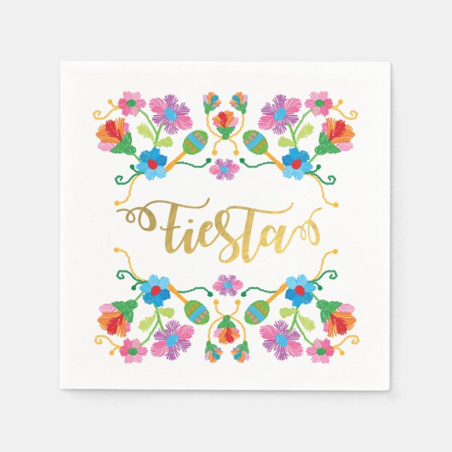 Guld Blommigt Fiesta Mexican Embroidery Napkins Pappersservett (Framsidan)