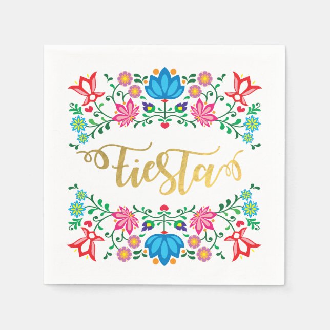 Guld Blommigt Fiesta Mexican Folkart Napkins Pappersservett (Framsidan)