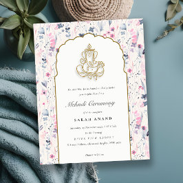  Guld Blommigt Ganesh Indian Bröllop Mehndi Tilläggskort
