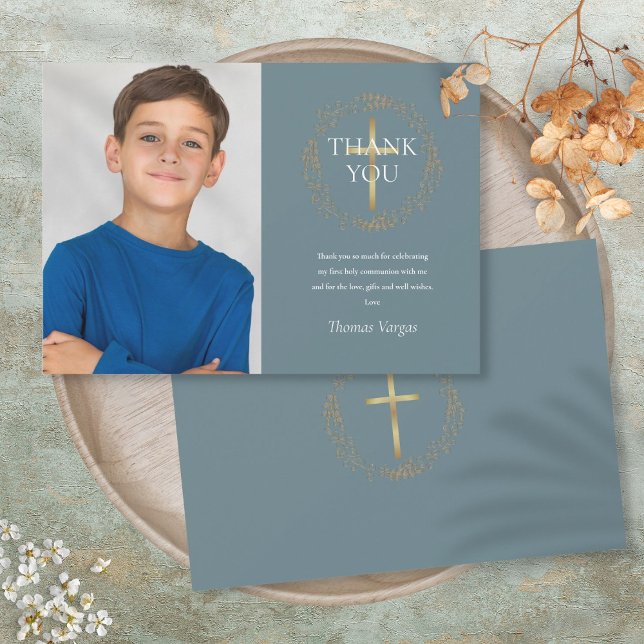Guld Blommigt Garland First Heliga Communion Photo Tack Kort (Gold Floral Garland First Holy Communion Photo Thank You Card)
