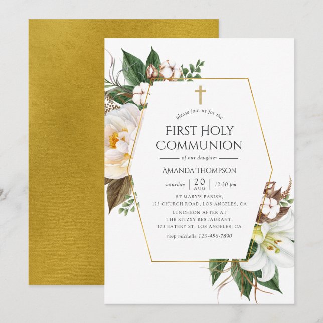 Guld Blommigt Geometric First Heliga Communion Inbjudningar (Fram/baksida)