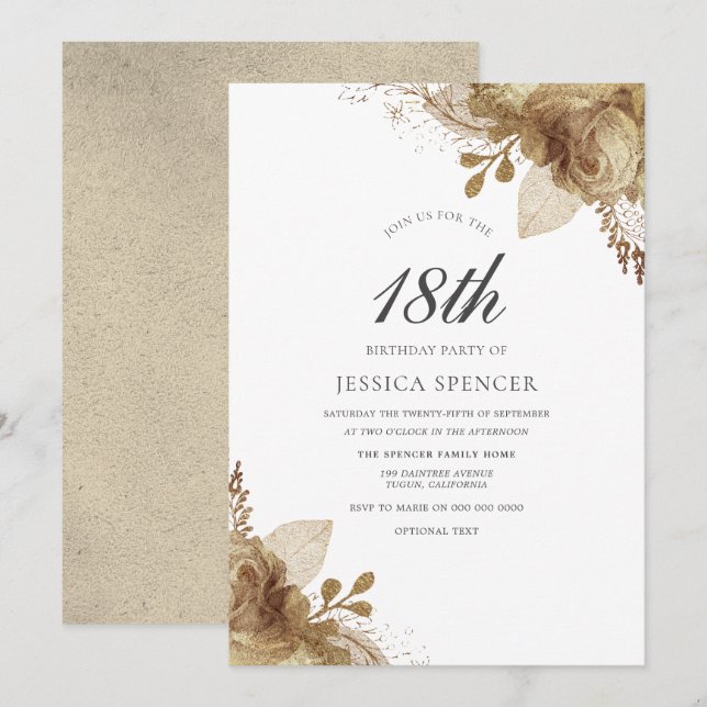 Guld Blommigt Girls Boys 18:e Födelsedagsfesten In Inbjudningar (Fram/baksida)