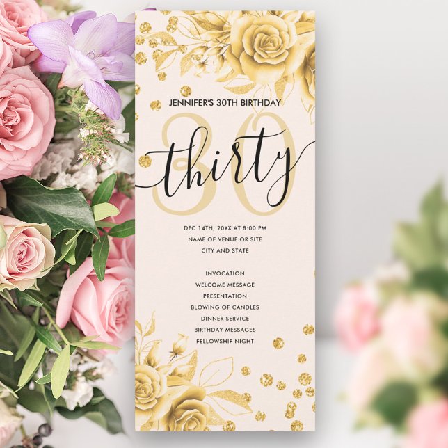 Guld Blommigt Glitter 30års födelsedag Inbjudningar (Gold Floral Glitter 30th Birthday Programs)